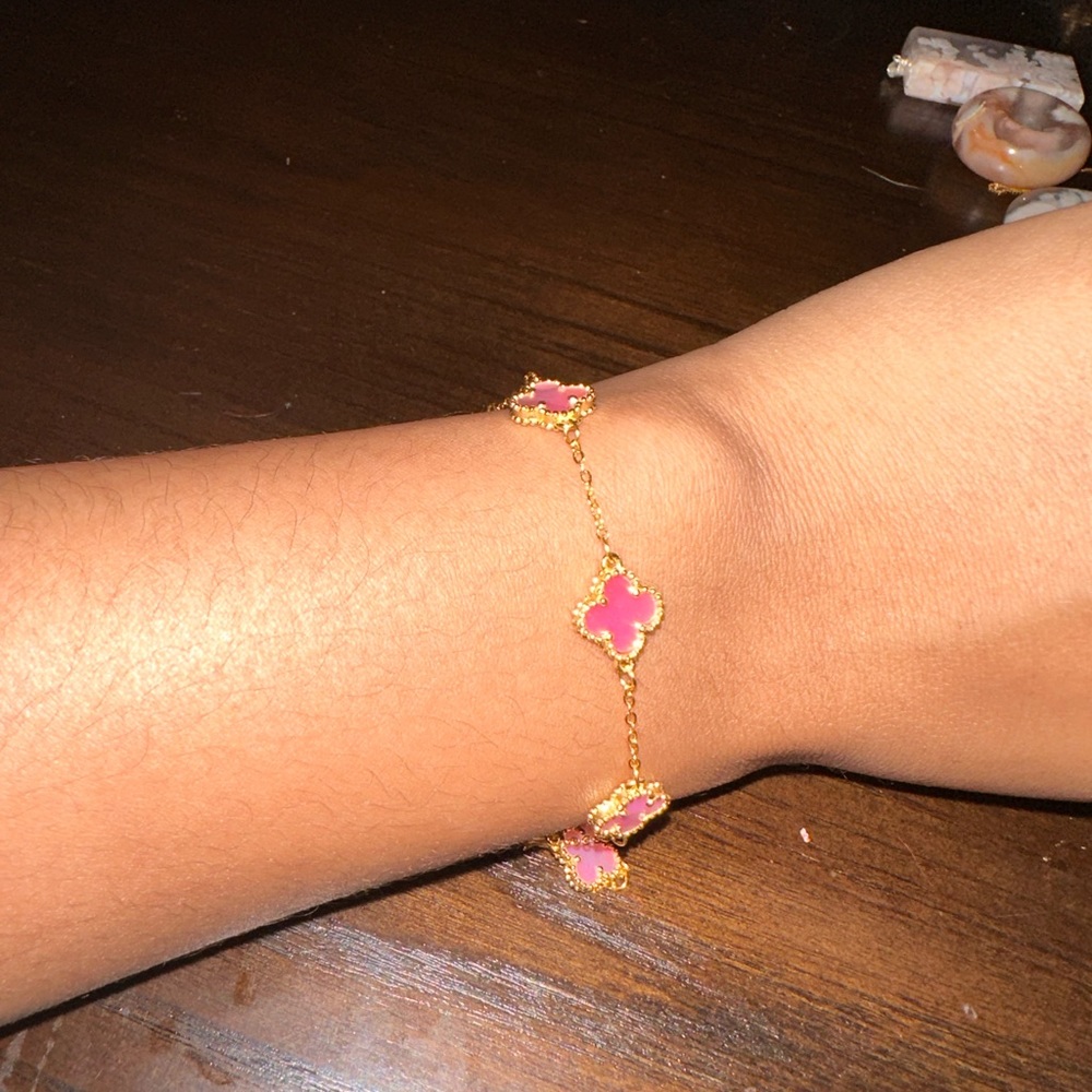 Pink agate s925 gold clover bracelet